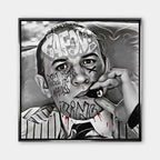 Czarno-biały obraz na płótnie z Al Capone palącym cygaro, ozdobiony napisami graffiti. Nowoczesny wydruk galeryjny w stylu gangsterskim.