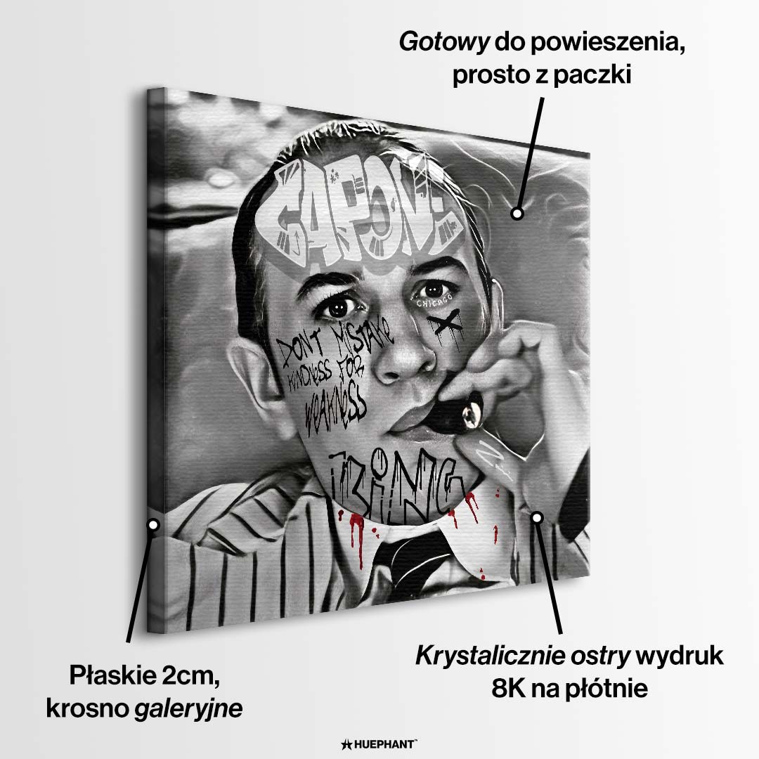 Czarno-biały obraz na płótnie z Al Capone palącym cygaro, ozdobiony napisami graffiti. Nowoczesny wydruk galeryjny w stylu gangsterskim.