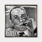 Czarno-biały obraz na płótnie z Al Capone palącym cygaro, ozdobiony napisami graffiti. Nowoczesny wydruk galeryjny w stylu gangsterskim.