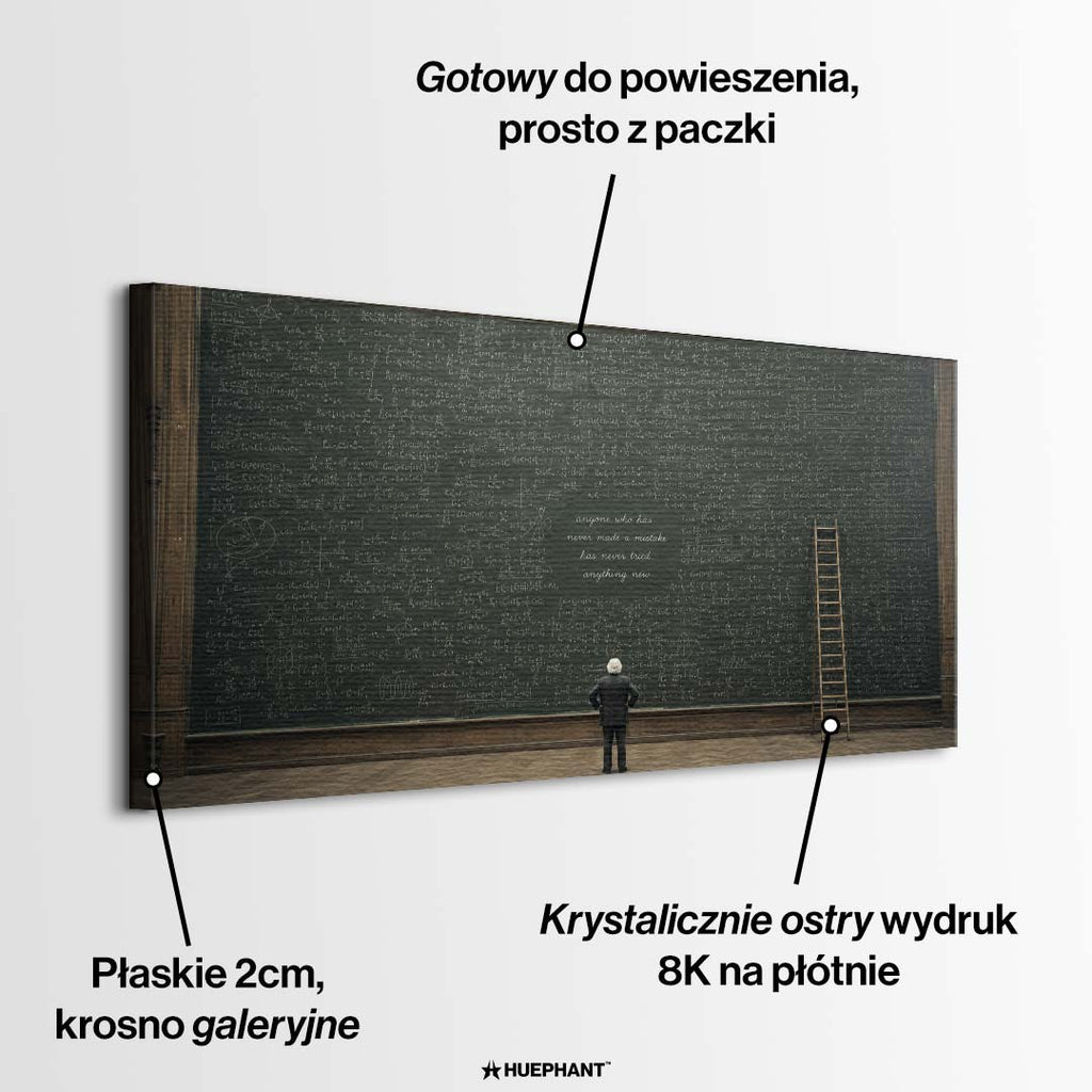 Obraz na płótnie przedstawiający postać naukowca stojącego przed olbrzymią zieloną tablicą z równaniami i motywacyjnym cytatem.