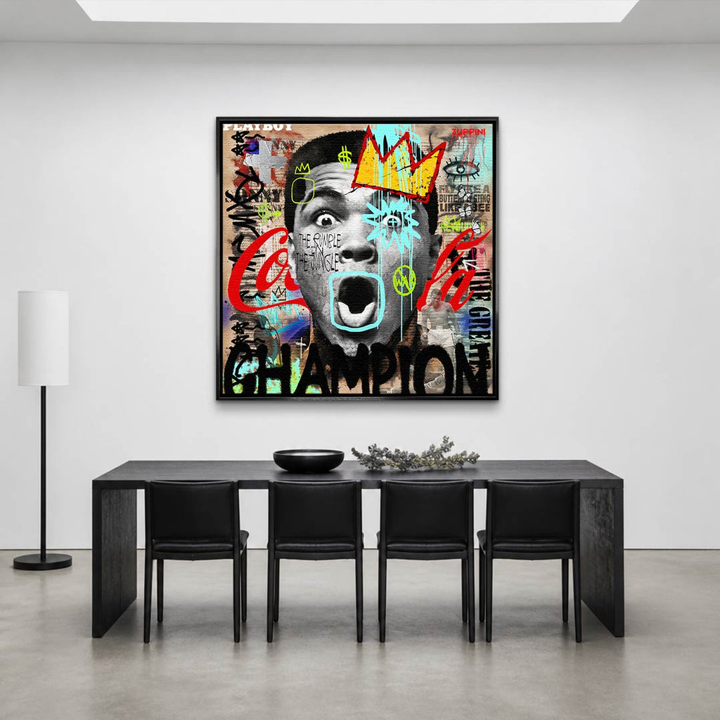 Obraz na płótnie Ali Champion. Nowoczesna sztuka pop-art z Muhammadem Alim w koronie. Ekskluzywny wydruk galeryjny, motywacyjne graffiti.