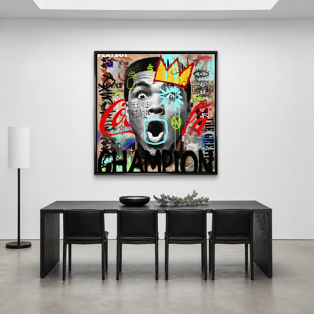 Obraz na płótnie Ali Champion. Nowoczesna sztuka pop-art z Muhammadem Alim w koronie. Ekskluzywny wydruk galeryjny, motywacyjne graffiti.