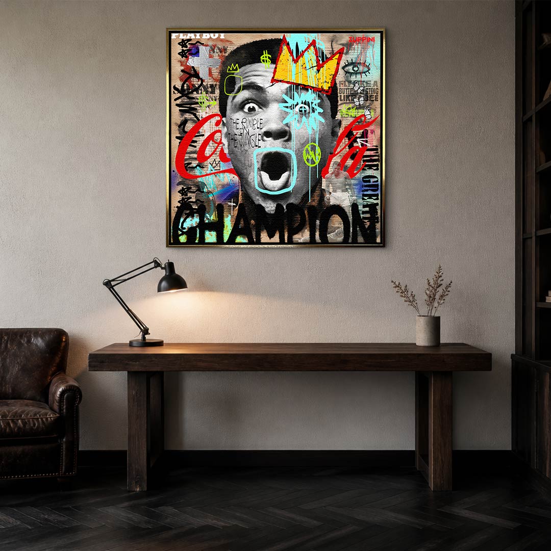 Obraz na płótnie Ali Champion. Nowoczesna sztuka pop-art z Muhammadem Alim w koronie. Ekskluzywny wydruk galeryjny, motywacyjne graffiti.