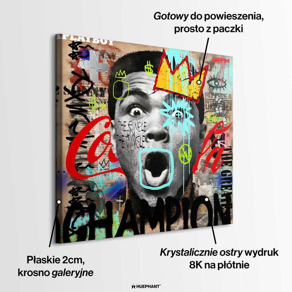 Obraz na płótnie Ali Champion. Nowoczesna sztuka pop-art z Muhammadem Alim w koronie. Ekskluzywny wydruk galeryjny, motywacyjne graffiti.