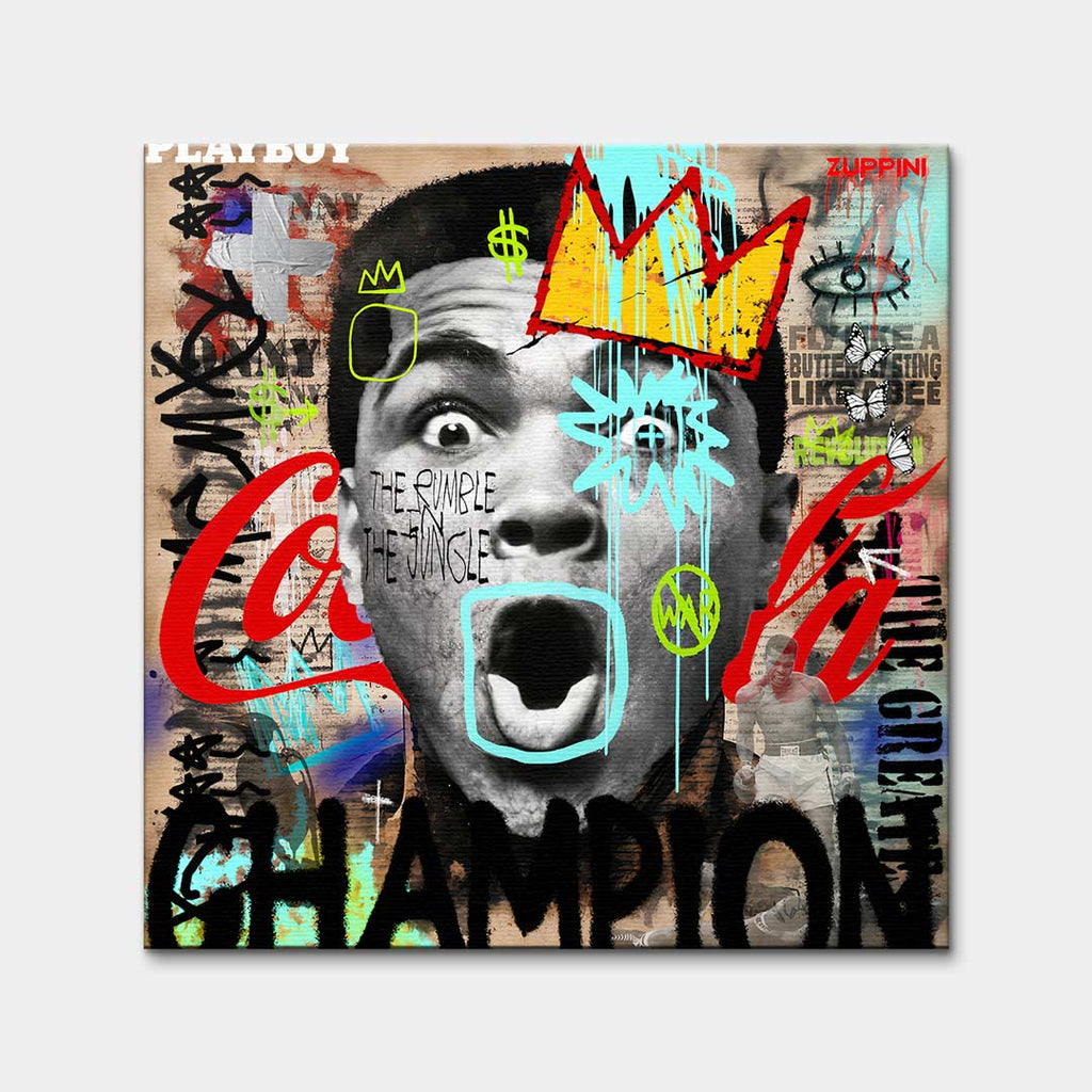 Obraz na płótnie Ali Champion. Nowoczesna sztuka pop-art z Muhammadem Alim w koronie. Ekskluzywny wydruk galeryjny, motywacyjne graffiti.