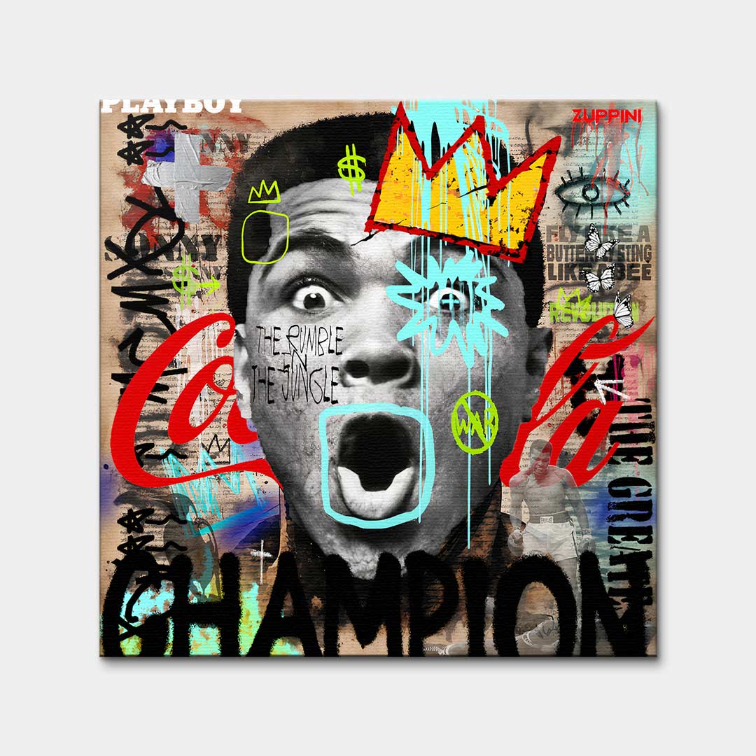 Obraz na płótnie Ali Champion. Nowoczesna sztuka pop-art z Muhammadem Alim w koronie. Ekskluzywny wydruk galeryjny, motywacyjne graffiti.