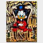 Obraz na płótnie z kaczą postacią finansisty, banknotami, monetami i graffiti „No Luck All Hustle”, nowoczesny wydruk galeryjny street art.