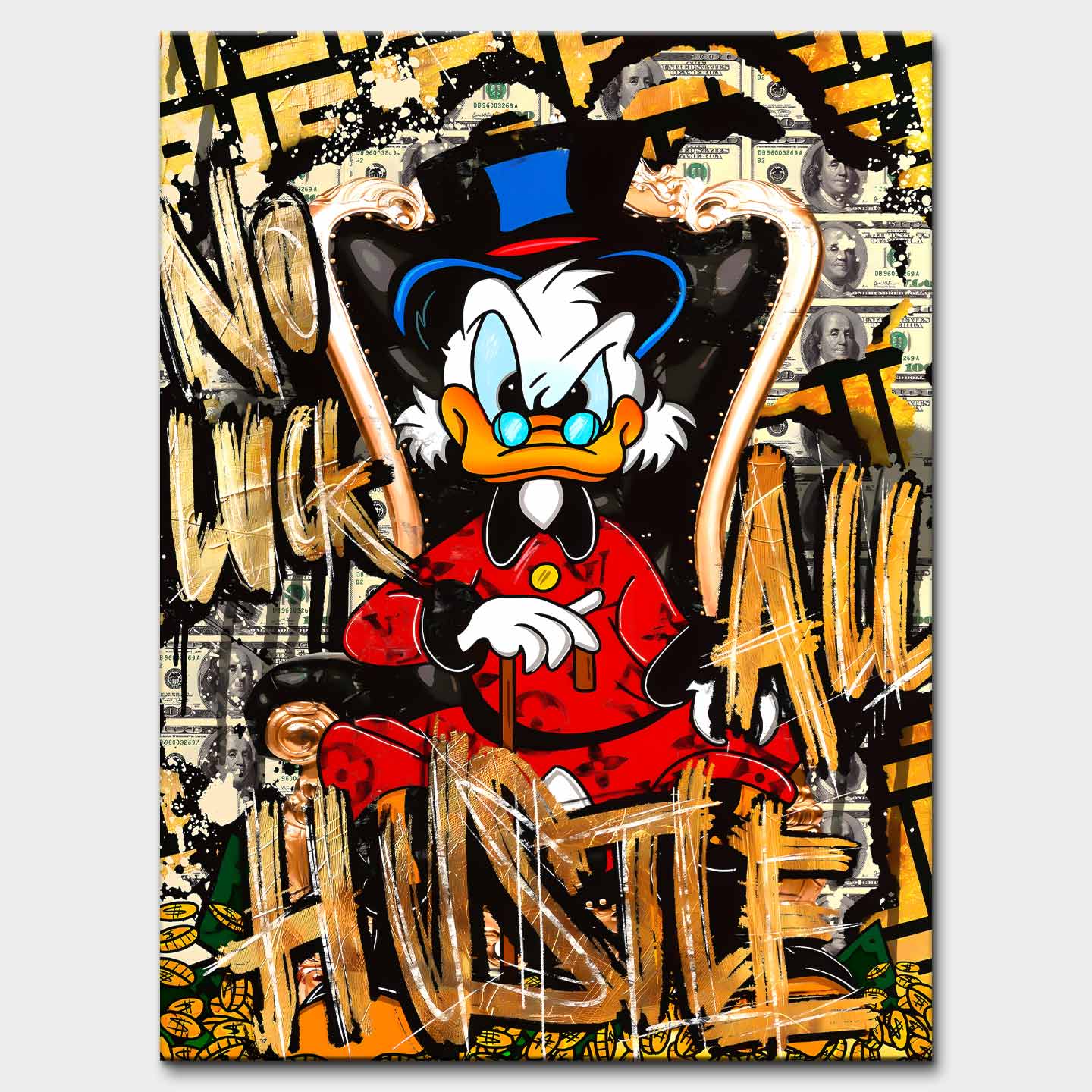Obraz na płótnie z kaczą postacią finansisty, banknotami, monetami i graffiti „No Luck All Hustle”, nowoczesny wydruk galeryjny street art.