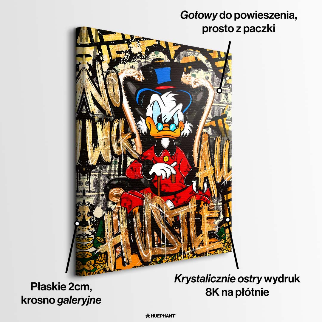 Obraz na płótnie z kaczą postacią finansisty, banknotami, monetami i graffiti „No Luck All Hustle”, nowoczesny wydruk galeryjny street art.