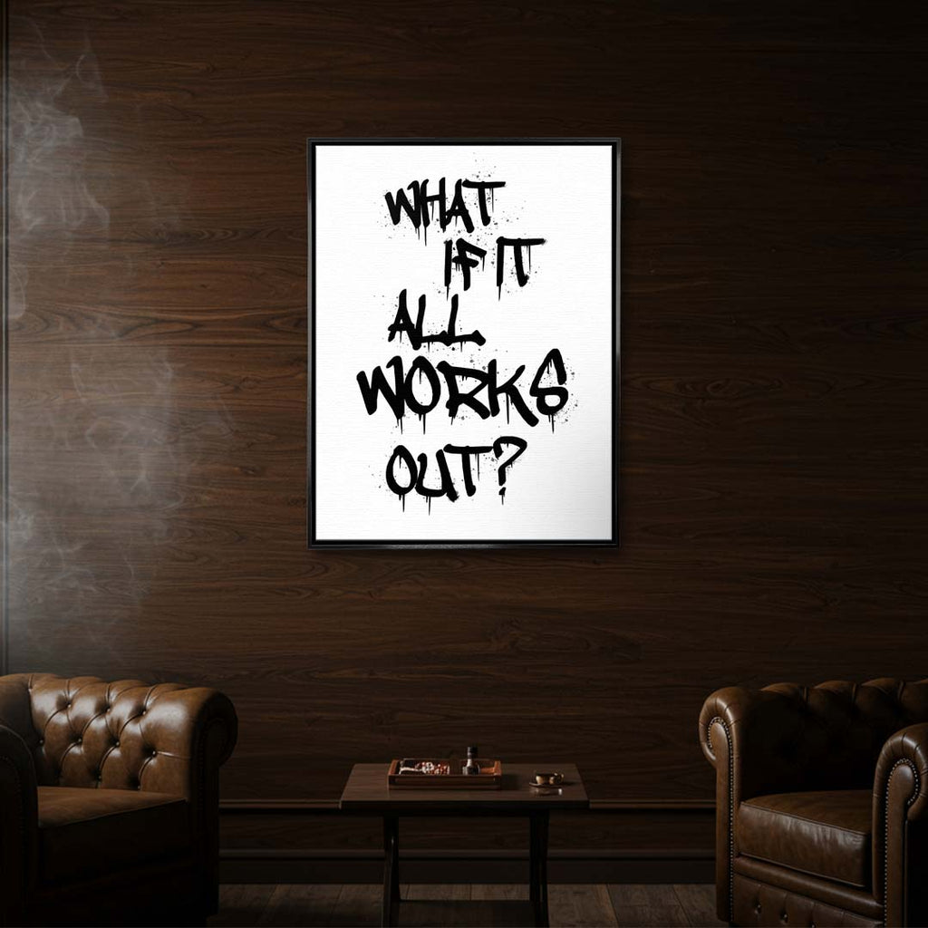 Nowoczesny obraz na płótnie z czarnym napisem graffiti What if it all works out na białym tle. Wydruk galeryjny w stylu streetwear, motywacja do biura.