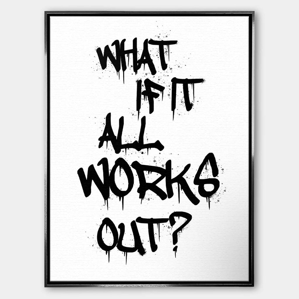 Nowoczesny obraz na płótnie z czarnym napisem graffiti What if it all works out na białym tle. Wydruk galeryjny w stylu streetwear, motywacja do biura.