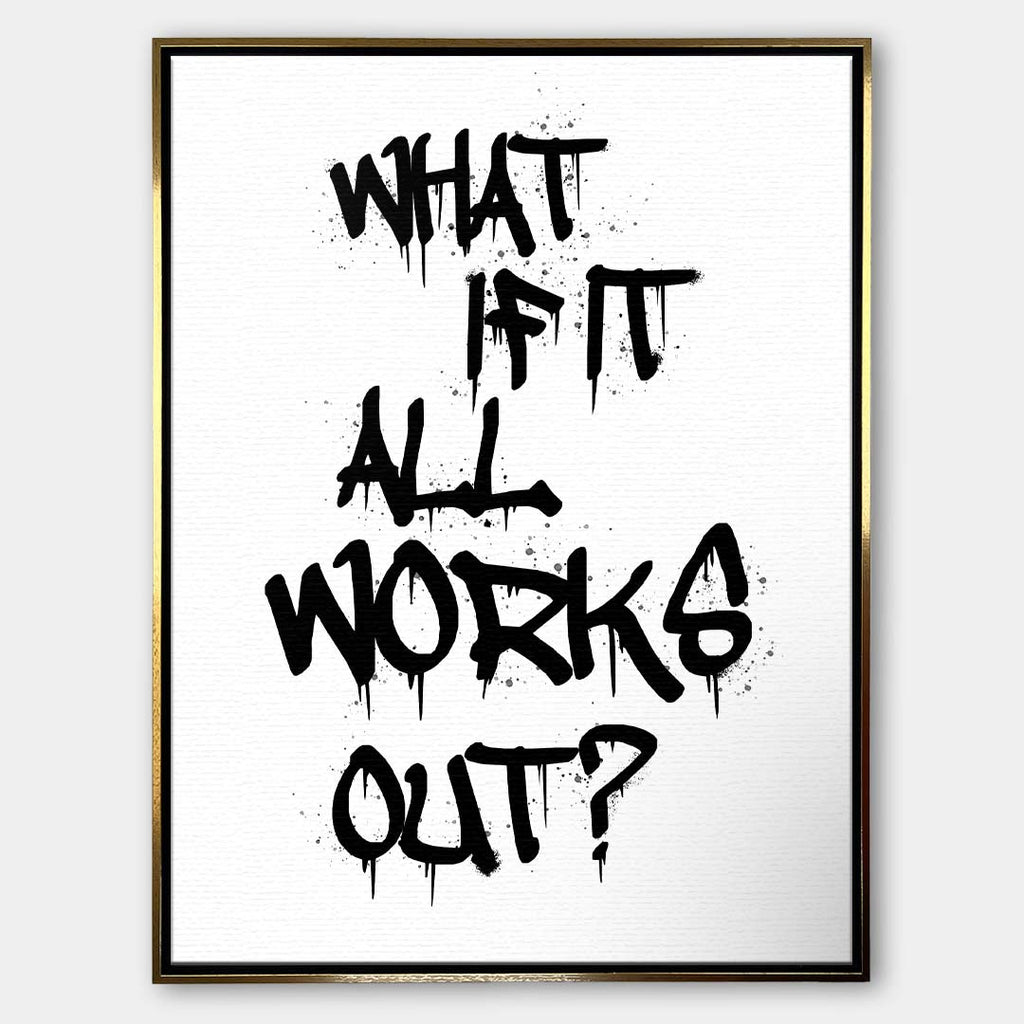 Nowoczesny obraz na płótnie z czarnym napisem graffiti What if it all works out na białym tle. Wydruk galeryjny w stylu streetwear, motywacja do biura.