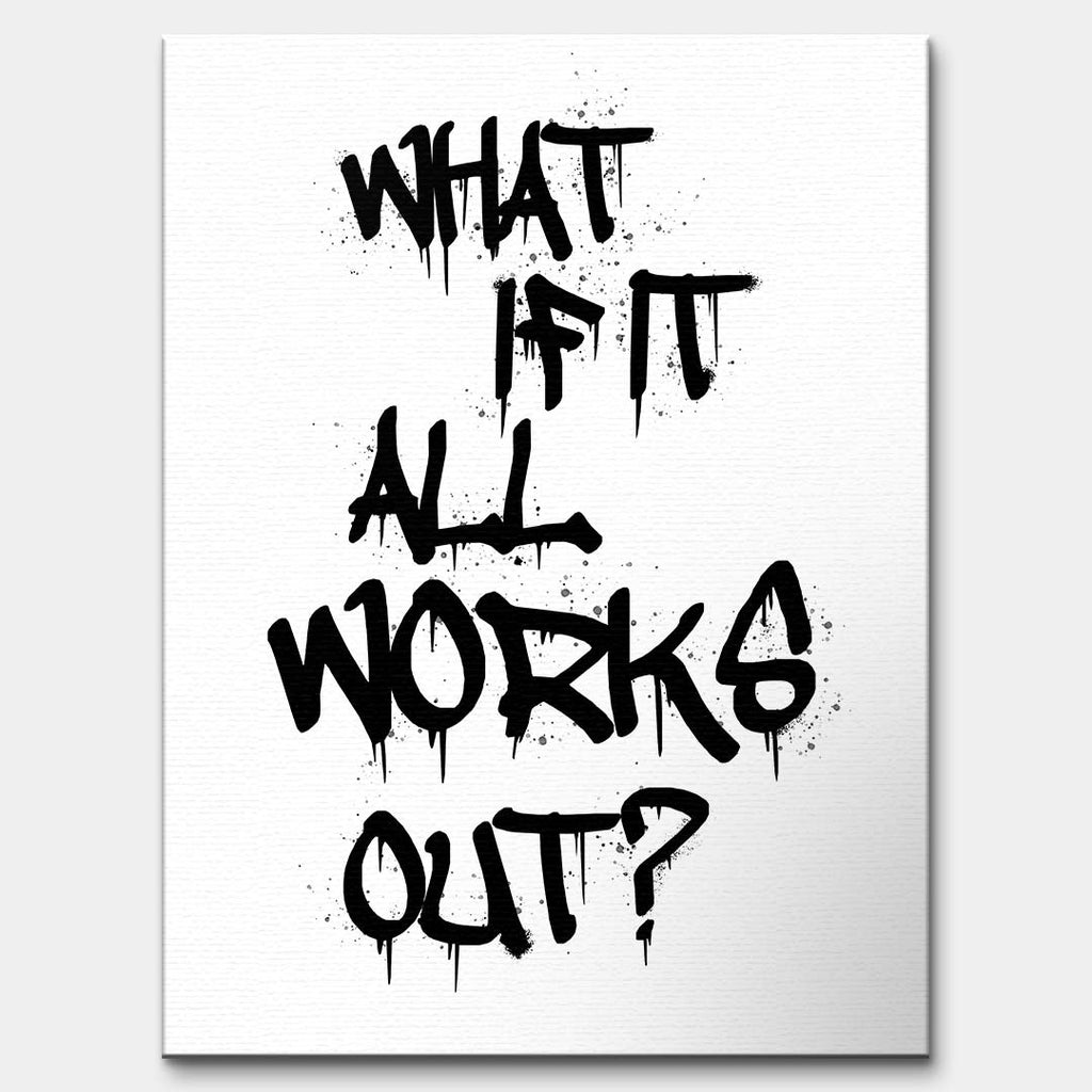 Nowoczesny obraz na płótnie z czarnym napisem graffiti What if it all works out na białym tle. Wydruk galeryjny w stylu streetwear, motywacja do biura.