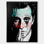 Czarno-biały obraz na płótnie Alpacino Corleone z Ojca Chrzestnego. Wydruk galeryjny w stylu street art z niebieskim napisem Al Pacino i czerwonym Don Corleone.