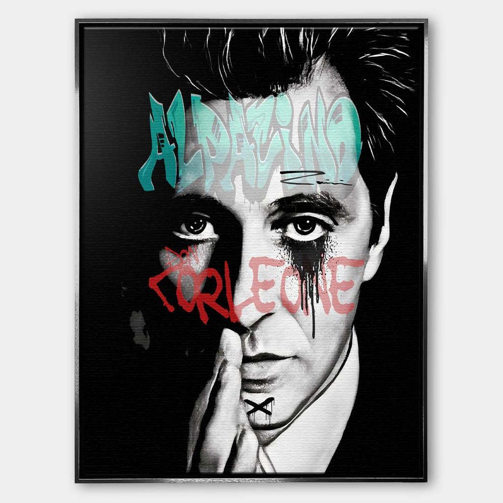 Czarno-biały obraz na płótnie Alpacino Corleone z Ojca Chrzestnego. Wydruk galeryjny w stylu street art z niebieskim napisem Al Pacino i czerwonym Don Corleone.