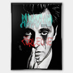 Czarno-biały obraz na płótnie Alpacino Corleone z Ojca Chrzestnego. Wydruk galeryjny w stylu street art z niebieskim napisem Al Pacino i czerwonym Don Corleone.