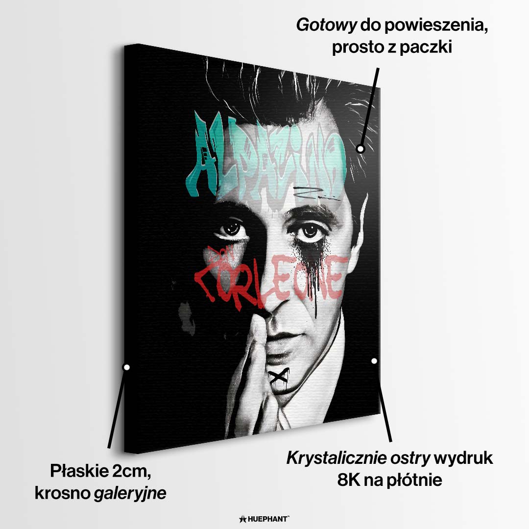 Czarno-biały obraz na płótnie Alpacino Corleone z Ojca Chrzestnego. Wydruk galeryjny w stylu street art z niebieskim napisem Al Pacino i czerwonym Don Corleone.