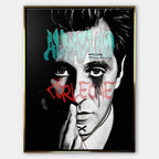 Czarno-biały obraz na płótnie Alpacino Corleone z Ojca Chrzestnego. Wydruk galeryjny w stylu street art z niebieskim napisem Al Pacino i czerwonym Don Corleone.