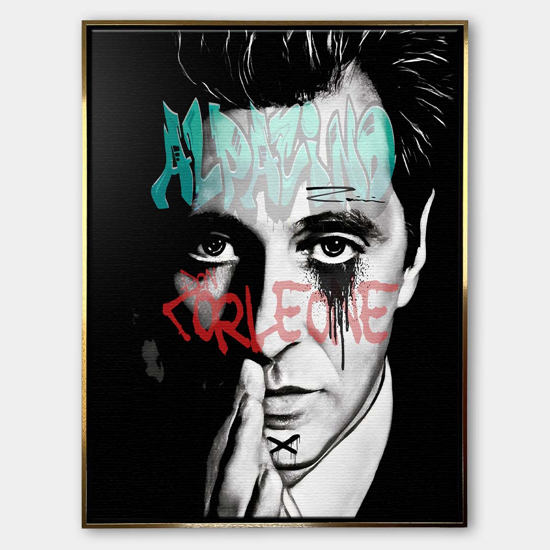 Czarno-biały obraz na płótnie Alpacino Corleone z Ojca Chrzestnego. Wydruk galeryjny w stylu street art z niebieskim napisem Al Pacino i czerwonym Don Corleone.