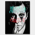 Czarno-biały obraz na płótnie Alpacino Corleone z Ojca Chrzestnego. Wydruk galeryjny w stylu street art z niebieskim napisem Al Pacino i czerwonym Don Corleone.
