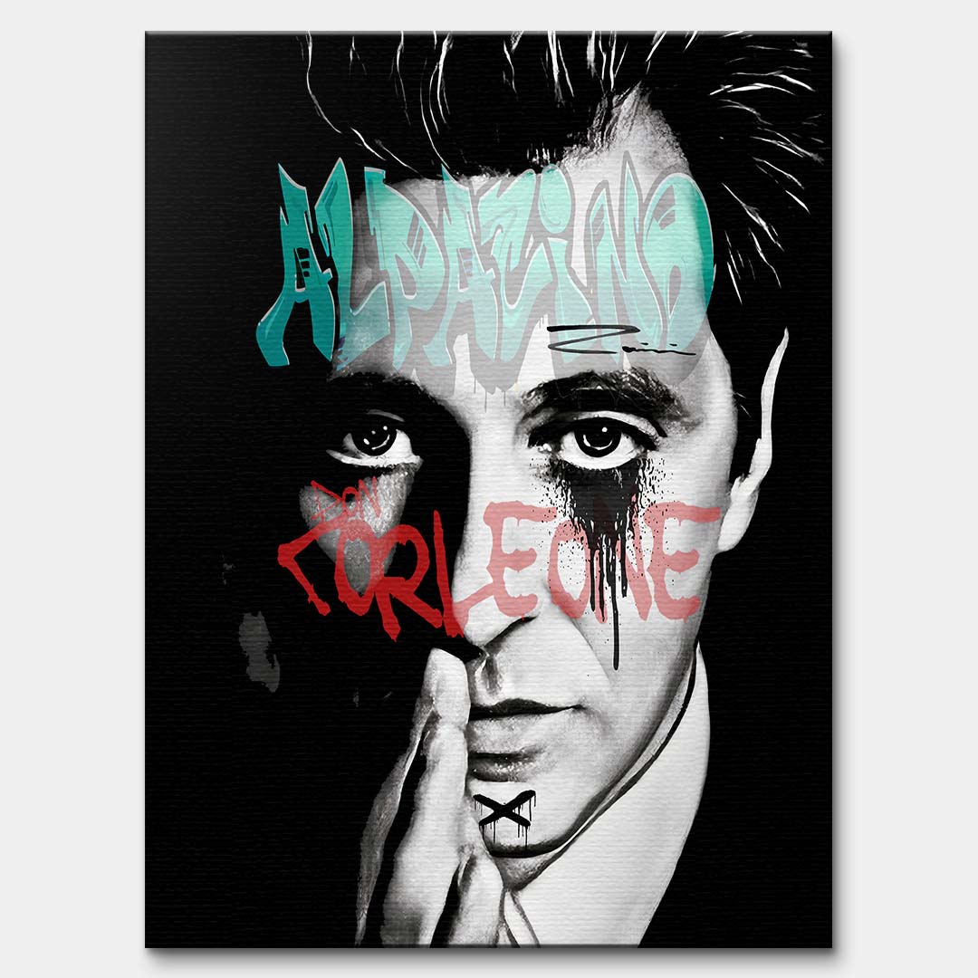 Czarno-biały obraz na płótnie Alpacino Corleone z Ojca Chrzestnego. Wydruk galeryjny w stylu street art z niebieskim napisem Al Pacino i czerwonym Don Corleone.