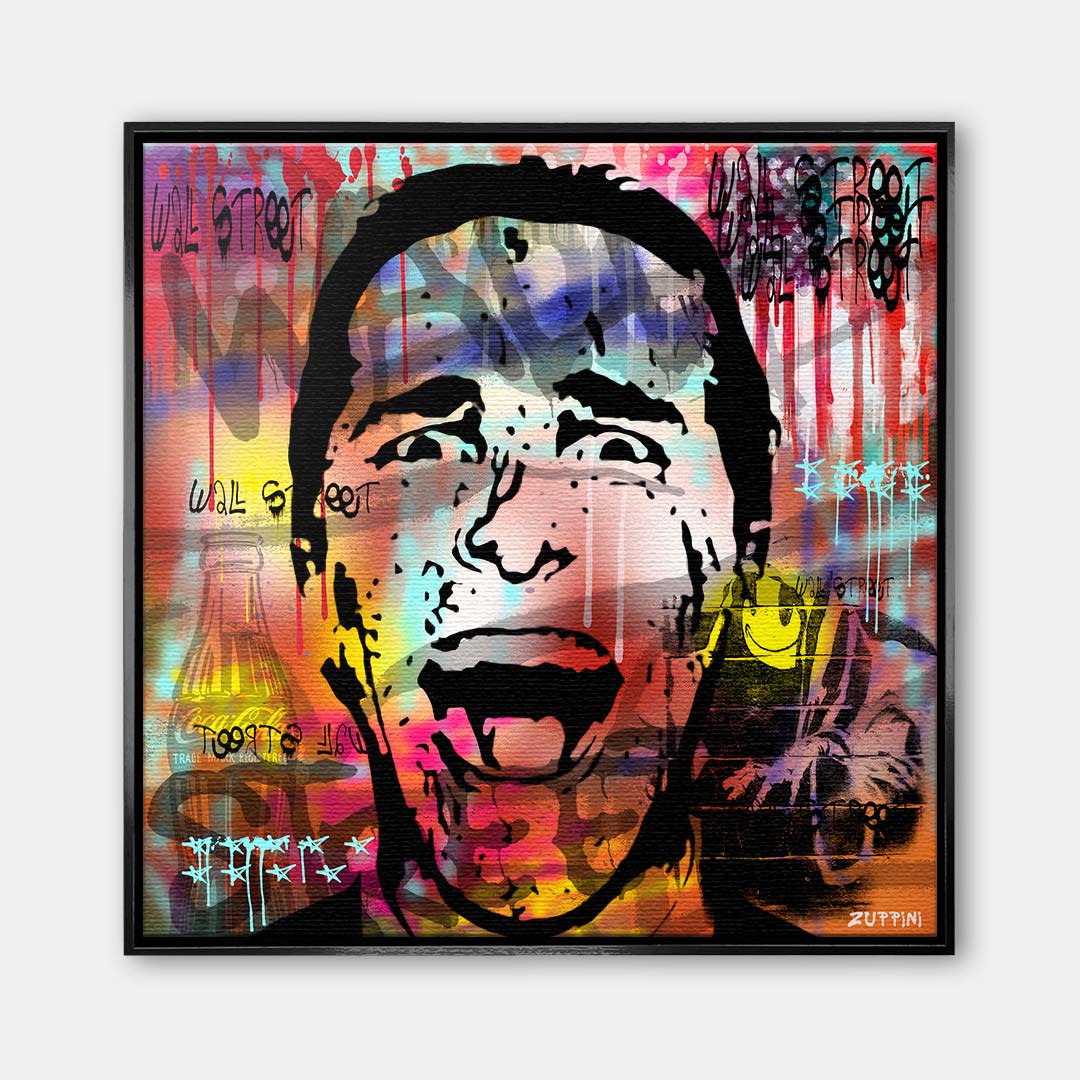 Nowoczesny obraz na płótnie pop-art z krzyczącą twarzą Patricka Batemana z filmu American Psycho na kolorowym tle graffiti z napisami Wall Street. Wydruk galeryjny.