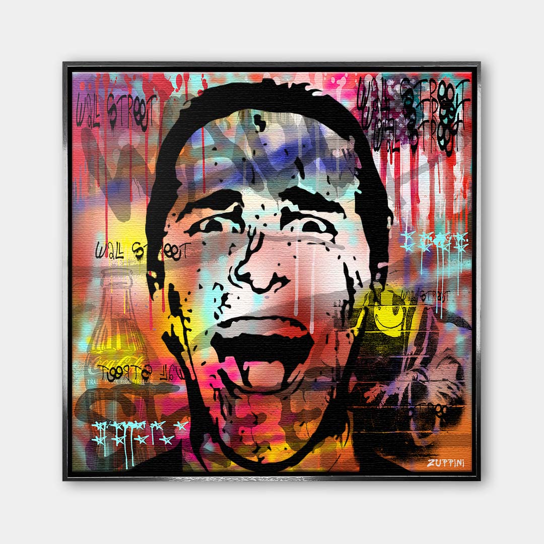 Nowoczesny obraz na płótnie pop-art z krzyczącą twarzą Patricka Batemana z filmu American Psycho na kolorowym tle graffiti z napisami Wall Street. Wydruk galeryjny.