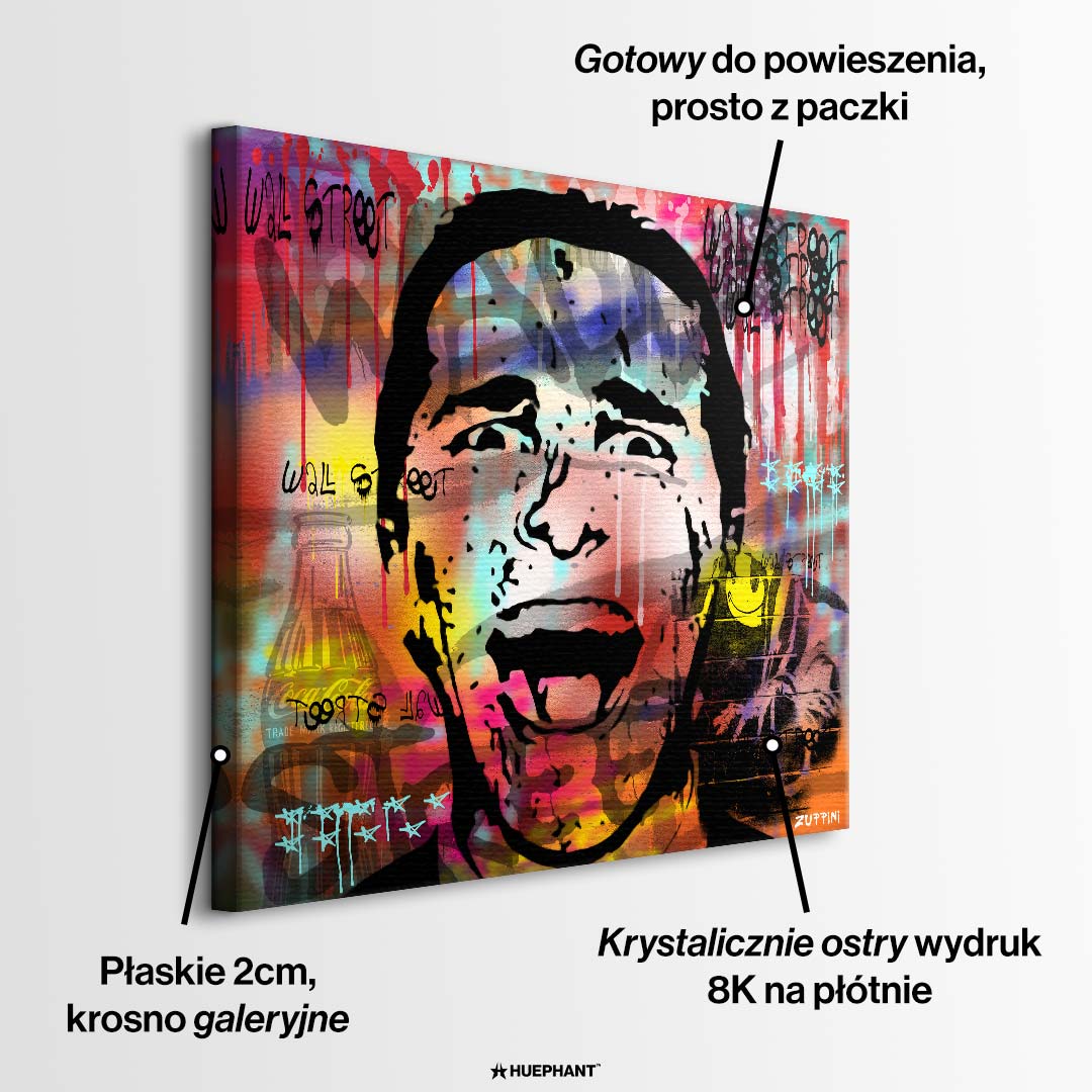 Nowoczesny obraz na płótnie pop-art z krzyczącą twarzą Patricka Batemana z filmu American Psycho na kolorowym tle graffiti z napisami Wall Street. Wydruk galeryjny.