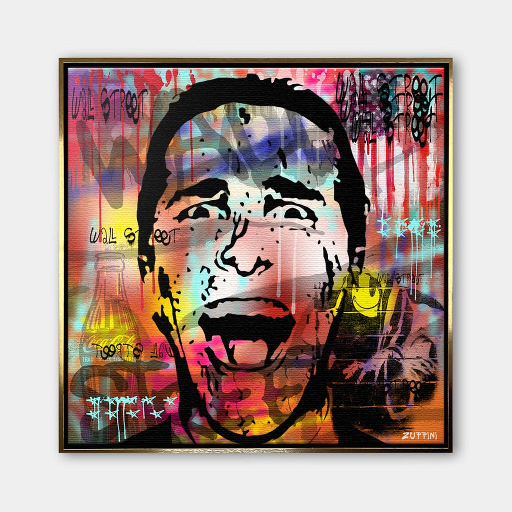 Nowoczesny obraz na płótnie pop-art z krzyczącą twarzą Patricka Batemana z filmu American Psycho na kolorowym tle graffiti z napisami Wall Street. Wydruk galeryjny.