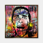 Nowoczesny obraz na płótnie pop-art z krzyczącą twarzą Patricka Batemana z filmu American Psycho na kolorowym tle graffiti z napisami Wall Street. Wydruk galeryjny.