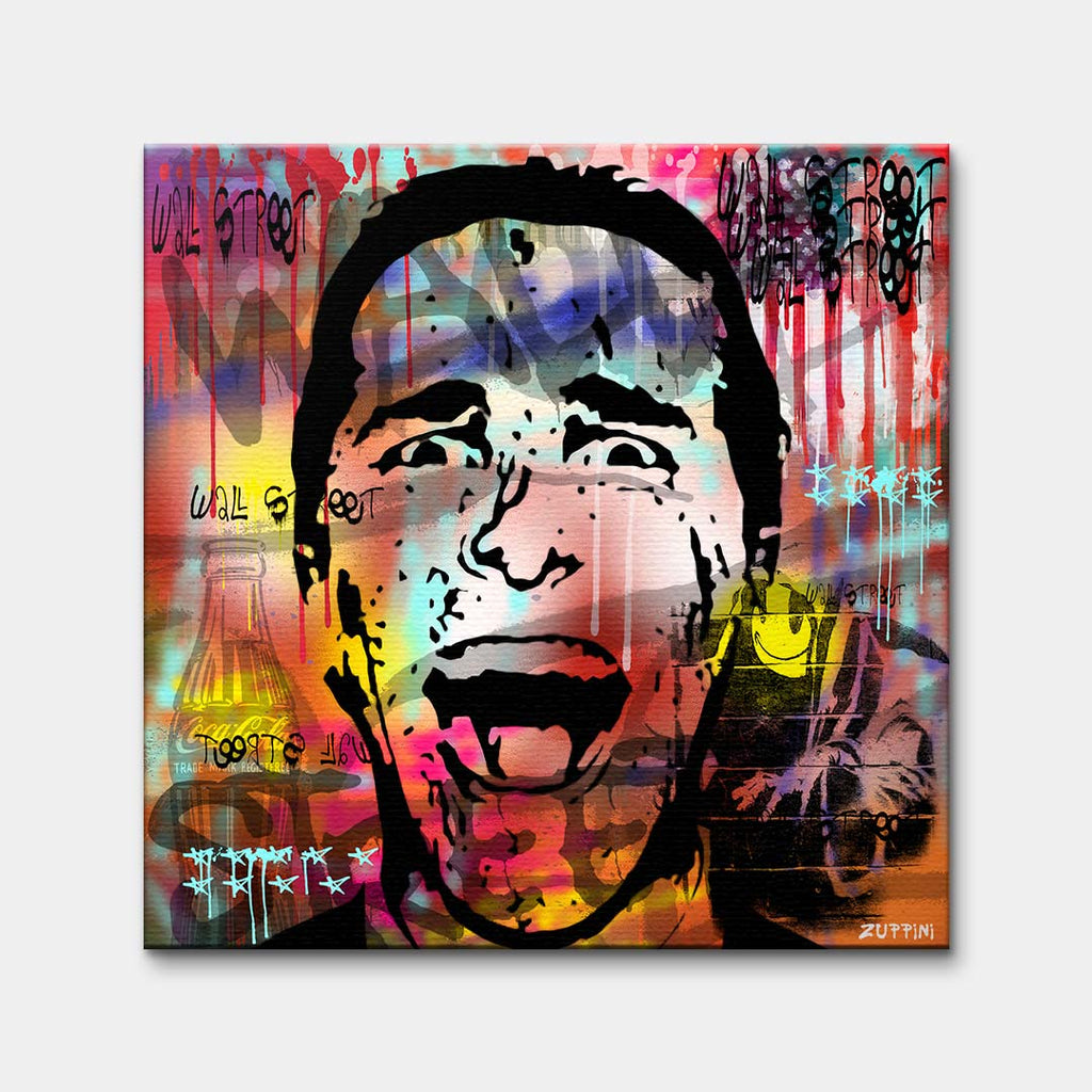 Nowoczesny obraz na płótnie pop-art z krzyczącą twarzą Patricka Batemana z filmu American Psycho na kolorowym tle graffiti z napisami Wall Street. Wydruk galeryjny.
