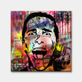 Nowoczesny obraz na płótnie pop-art z krzyczącą twarzą Patricka Batemana z filmu American Psycho na kolorowym tle graffiti z napisami Wall Street. Wydruk galeryjny.