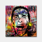 Nowoczesny obraz na płótnie pop-art z krzyczącą twarzą Patricka Batemana z filmu American Psycho na kolorowym tle graffiti z napisami Wall Street. Wydruk galeryjny.