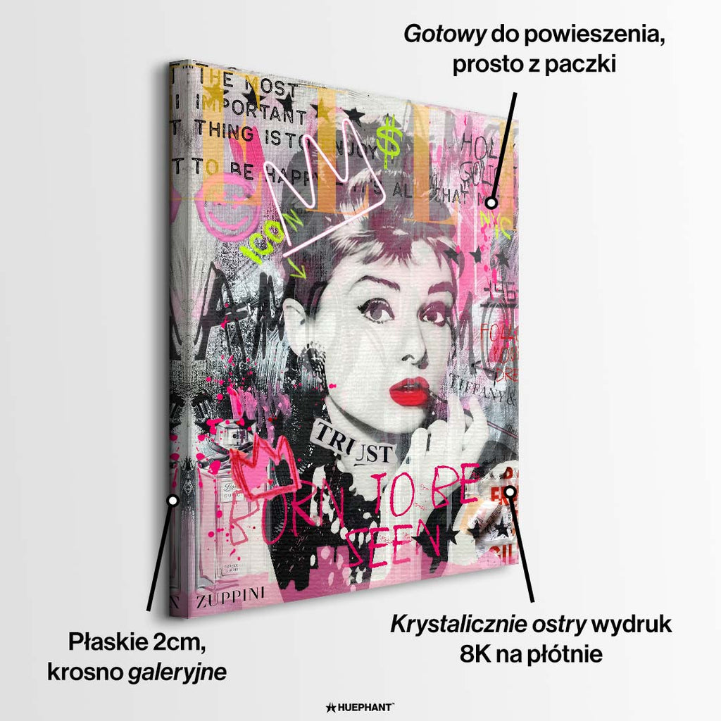 Nowoczesny obraz na płótnie Audrey Hepburn Icon. Wydruk galeryjny w różowo-szarej kolorystyce z elementami graffiti, neonową koroną i napisem Born to be seen.