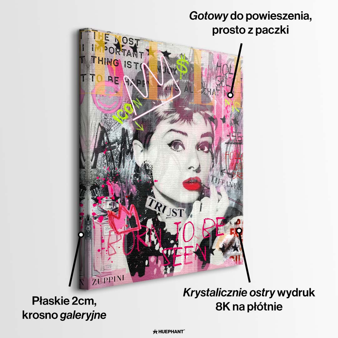 Nowoczesny obraz na płótnie Audrey Hepburn Icon. Wydruk galeryjny w różowo-szarej kolorystyce z elementami graffiti, neonową koroną i napisem Born to be seen.