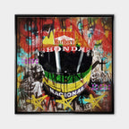 Obraz na płótnie przedstawiający żółty kask Ayrtona Senny w stylu pop-art i graffiti. Sztuka nowoczesna, wydruk galeryjny dla fanów F1.