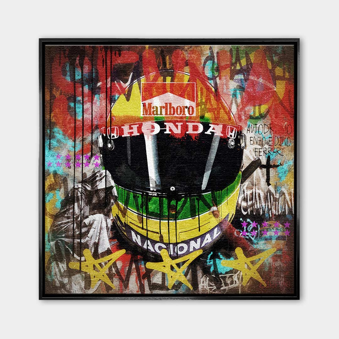 Obraz na płótnie przedstawiający żółty kask Ayrtona Senny w stylu pop-art i graffiti. Sztuka nowoczesna, wydruk galeryjny dla fanów F1.