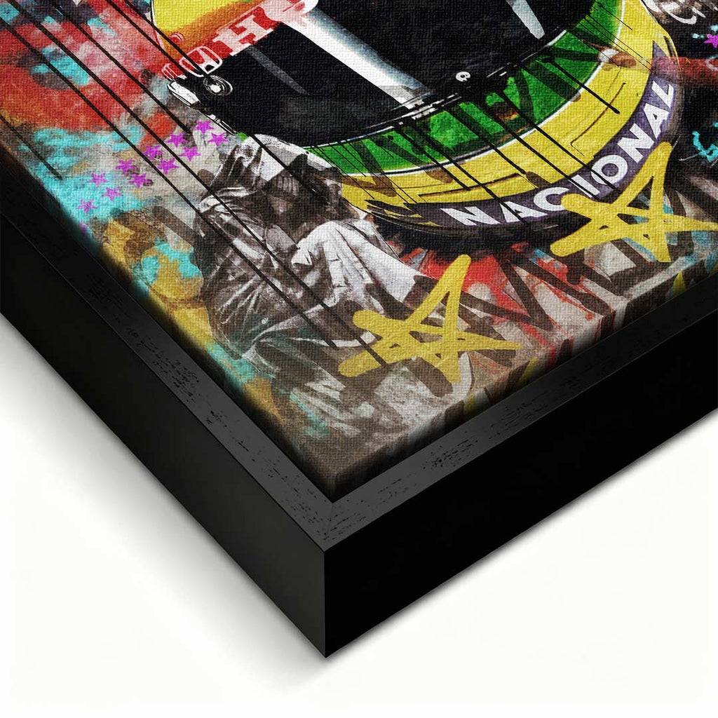 Obraz na płótnie przedstawiający żółty kask Ayrtona Senny w stylu pop-art i graffiti. Sztuka nowoczesna, wydruk galeryjny dla fanów F1.