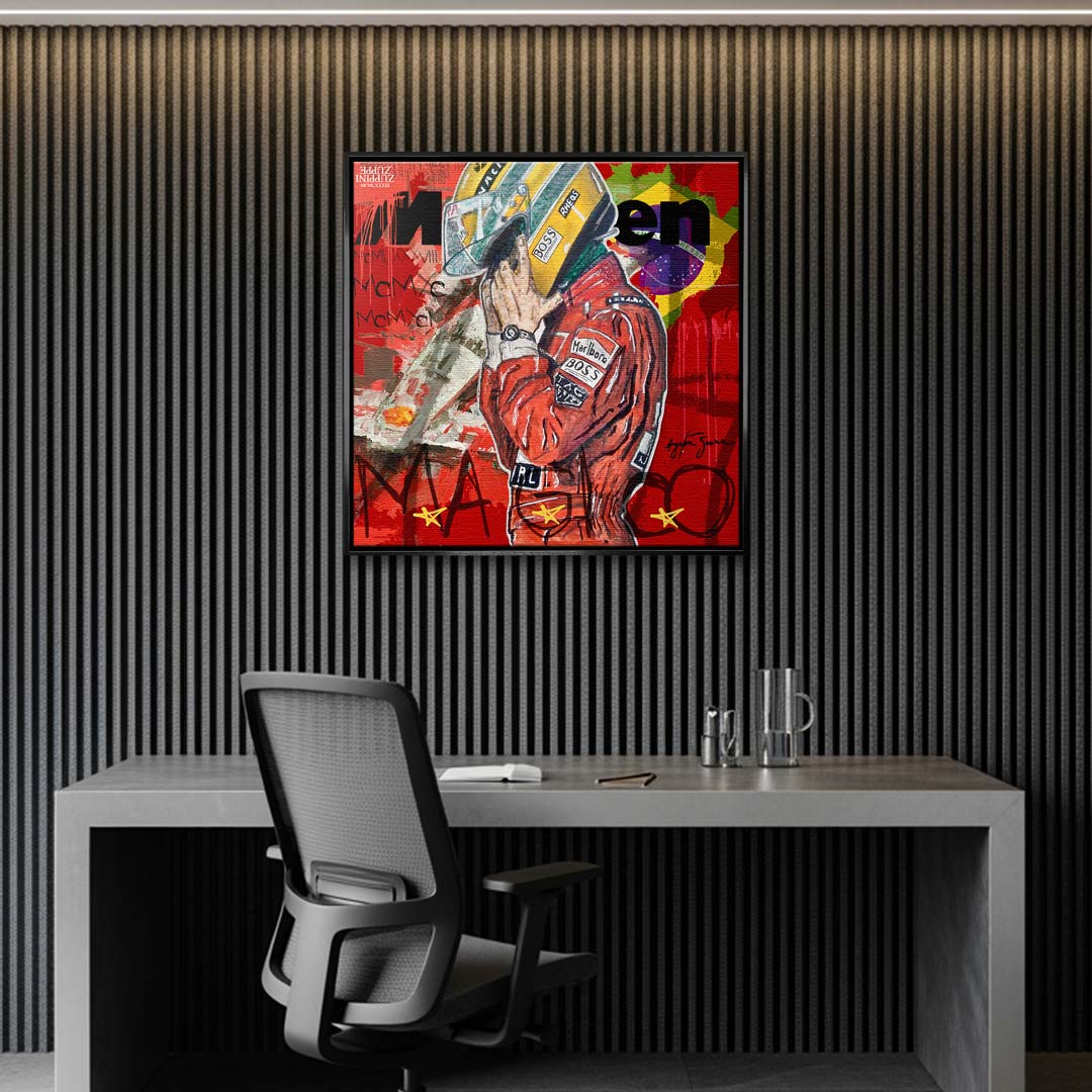Obraz na płótnie przedstawiający Ayrtona Sennę w kasku i czerwonym kombinezonie na czerwonym tle z flagą Brazylii. Nowoczesny wydruk galeryjny pop-art.