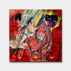 Obraz na płótnie przedstawiający Ayrtona Sennę w kasku i czerwonym kombinezonie na czerwonym tle z flagą Brazylii. Nowoczesny wydruk galeryjny pop-art.
