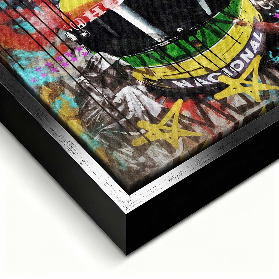 Obraz na płótnie przedstawiający żółty kask Ayrtona Senny w stylu pop-art i graffiti. Sztuka nowoczesna, wydruk galeryjny dla fanów F1.