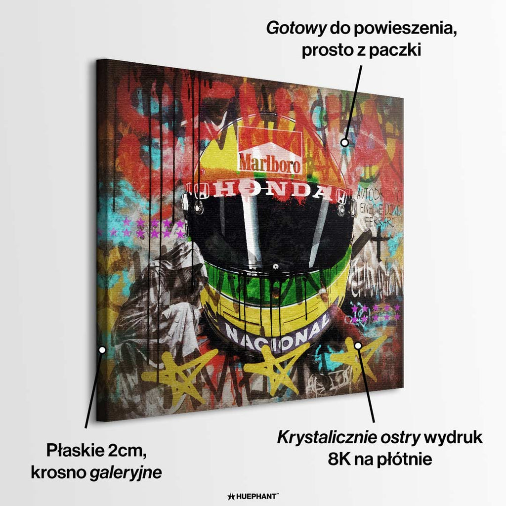 Obraz na płótnie przedstawiający żółty kask Ayrtona Senny w stylu pop-art i graffiti. Sztuka nowoczesna, wydruk galeryjny dla fanów F1.