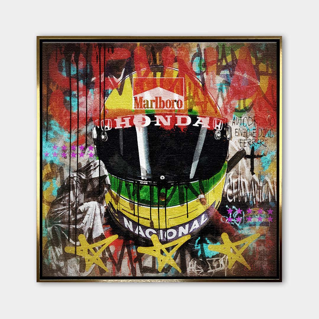 Obraz na płótnie przedstawiający żółty kask Ayrtona Senny w stylu pop-art i graffiti. Sztuka nowoczesna, wydruk galeryjny dla fanów F1.