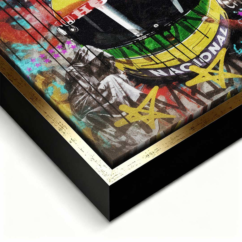 Obraz na płótnie przedstawiający żółty kask Ayrtona Senny w stylu pop-art i graffiti. Sztuka nowoczesna, wydruk galeryjny dla fanów F1.