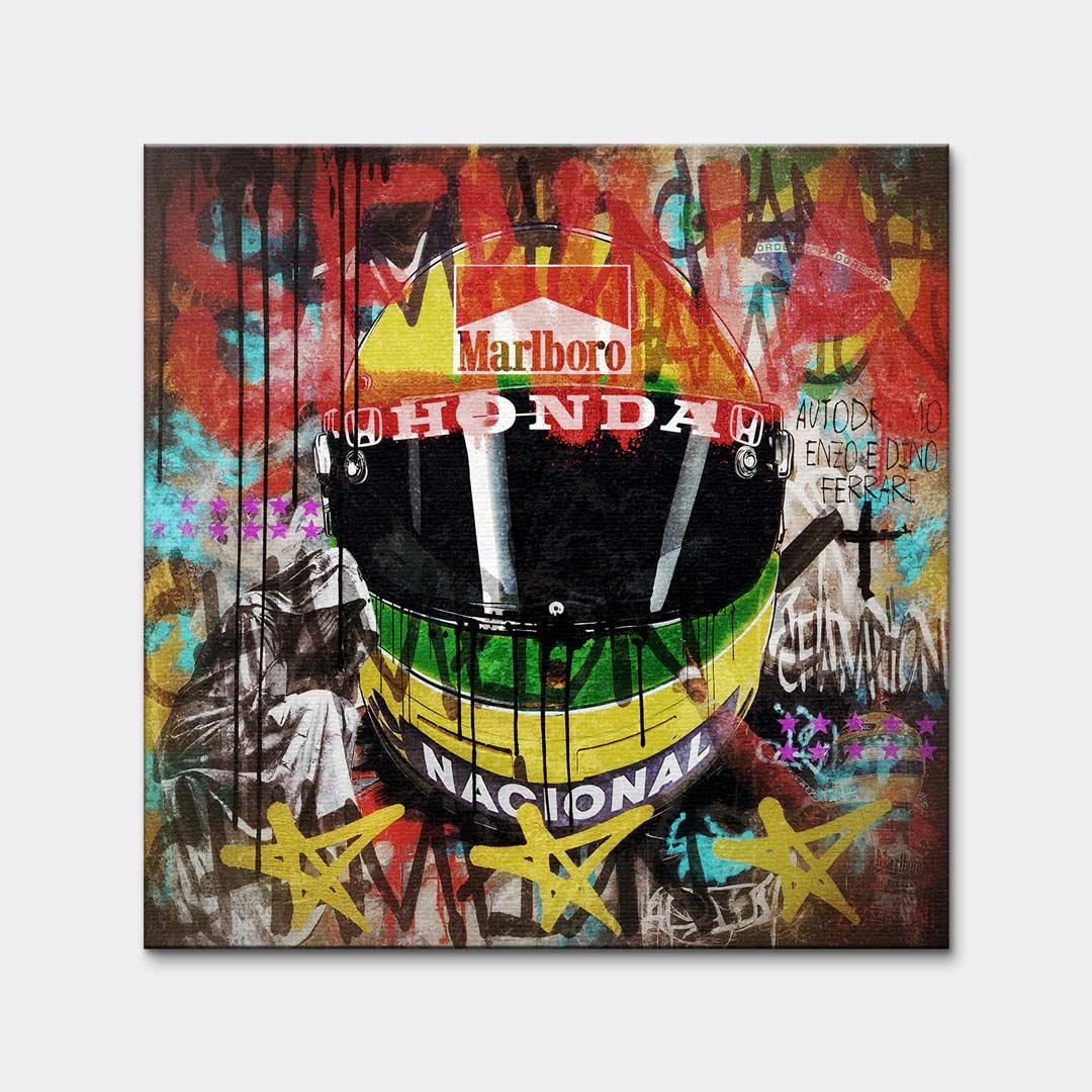 Obraz na płótnie przedstawiający żółty kask Ayrtona Senny w stylu pop-art i graffiti. Sztuka nowoczesna, wydruk galeryjny dla fanów F1.