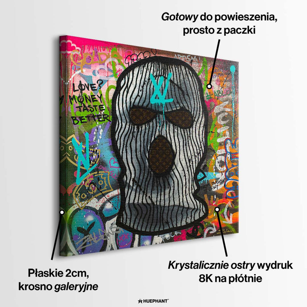 Sztuka nowoczesna w stylu street art: obraz na płótnie przedstawiający postać w kominiarce z motywami luksusowego graffiti, wydruk galeryjny.