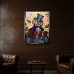 Obraz na płótnie pop art przedstawiający postać postawnego kaczora przy workach z pieniędzmi. Wydruk galeryjny, sztuka nowoczesna.
