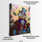 Obraz na płótnie pop art przedstawiający postać postawnego kaczora przy workach z pieniędzmi. Wydruk galeryjny, sztuka nowoczesna.