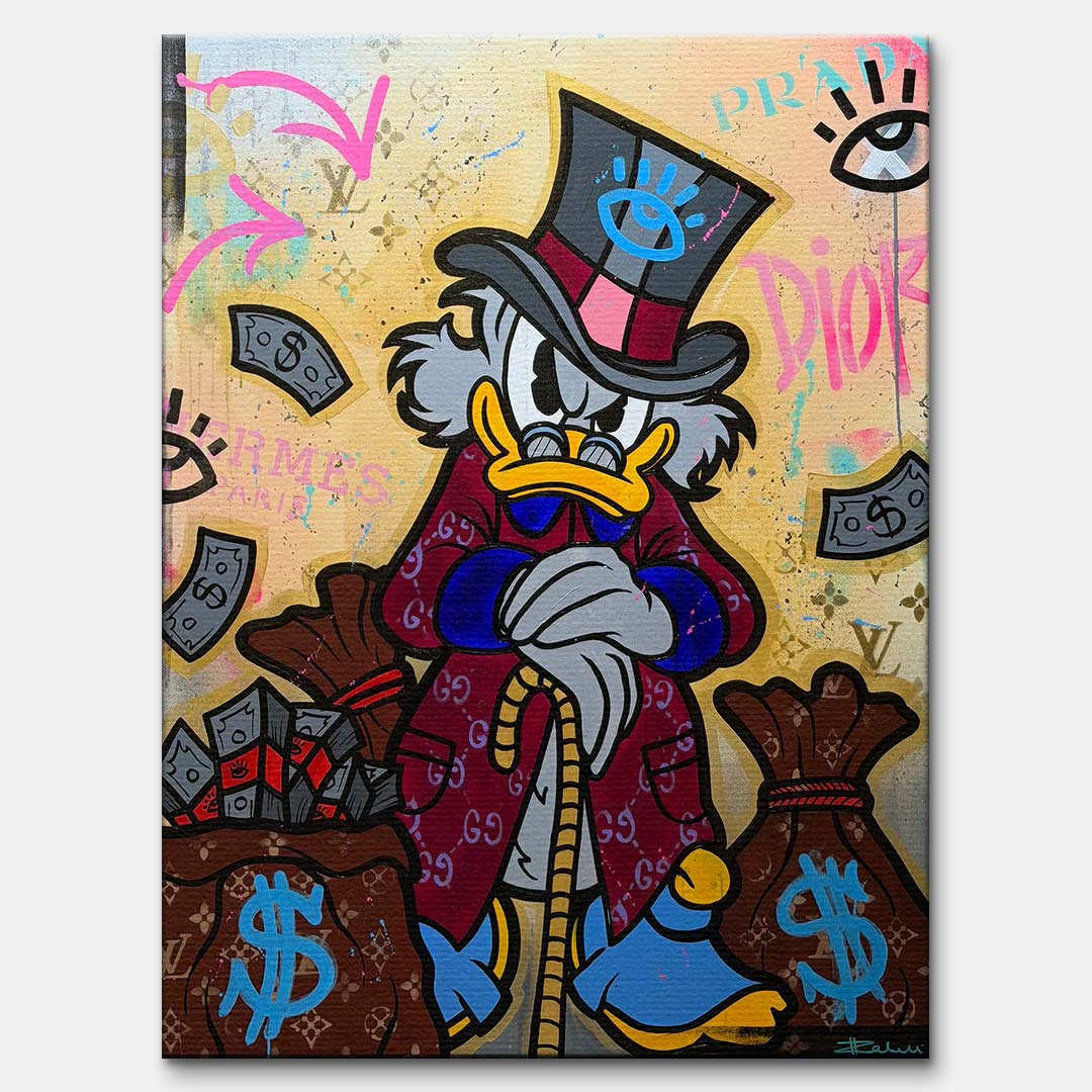Obraz na płótnie pop art przedstawiający postać postawnego kaczora przy workach z pieniędzmi. Wydruk galeryjny, sztuka nowoczesna.