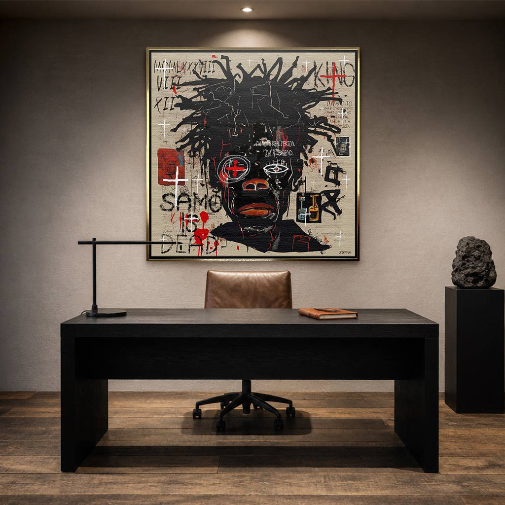 Obraz na płótnie Black Legend, wydruk galeryjny w stylu Jean-Michel Basquiat, nowoczesna sztuka neoekspresjonistyczna, czarny portret graffiti, marka Huephant.